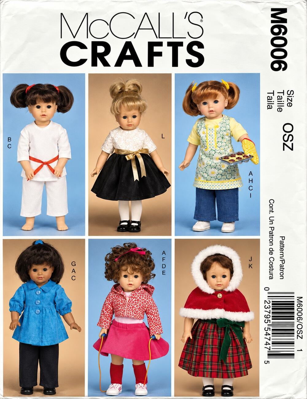 MCCALL PATTERN 6006 18" DOLL CLOTHES FIT AMERICAN GIRL CAPE SKIRT APRON KARATE